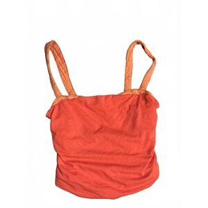 Free People Coral Pink and Orange Cropped Tank Top with Ruching & Lace Detailing